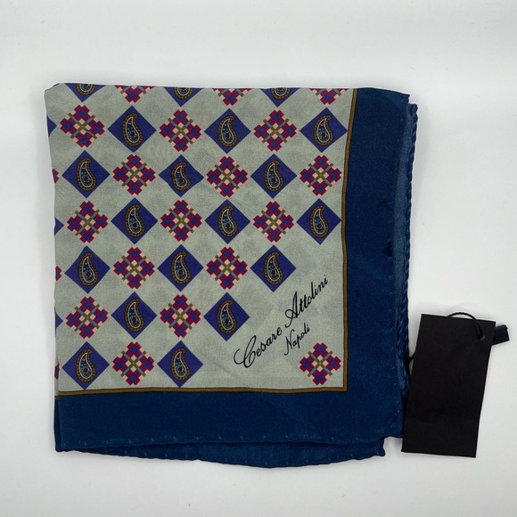 NWT 100% Silk Cesare Attolini Pocket Square Blue - Gray. (12X12) - Picture 3 of 6